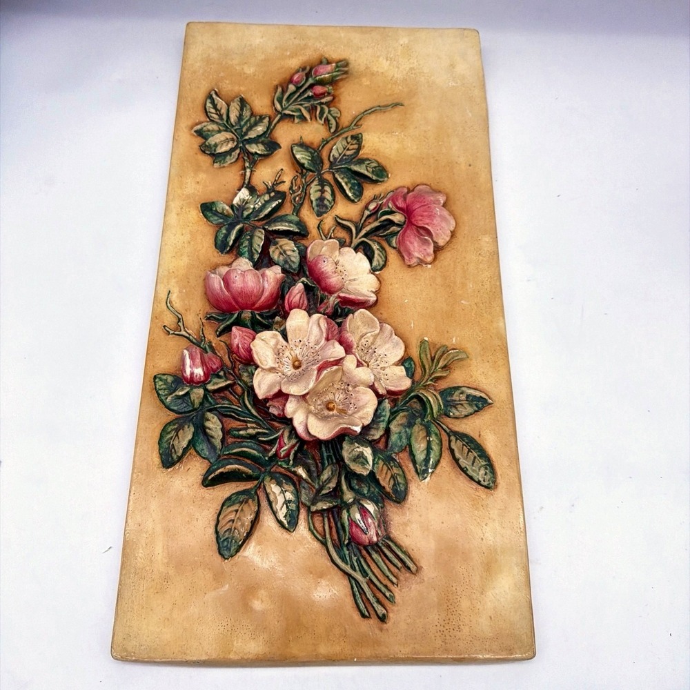 Antique Gretner Plaster Floral Relief Wall Plaque Pink White Botanical Signed